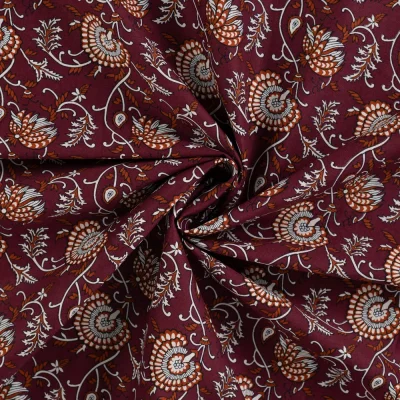Tissu Voile de Coton Amélia Fleurs bohèmes sur fond Bordeaux foncé - Par 10 cm