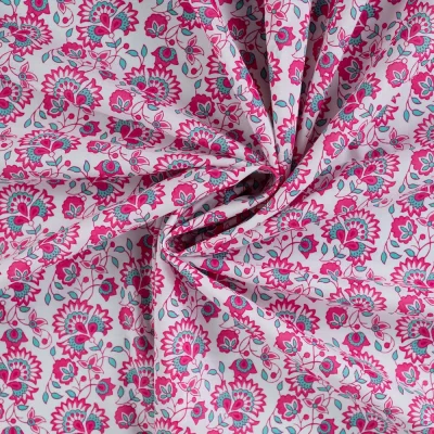 Tissu Voile de Coton Fleurs fuschia et turquoise sur fond Blanc - Par 10 cm