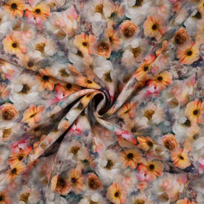 Tissu Lin Viscose impression fleuris orangé et vert sur fond Bleu ancien - Par 10 cm