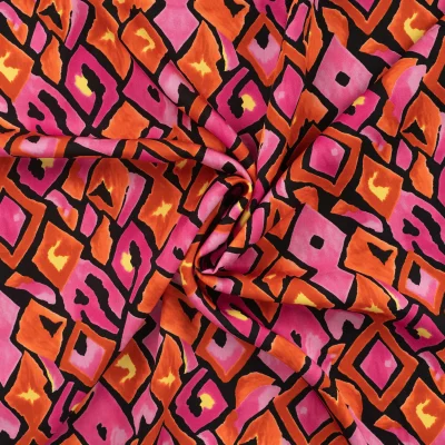 Tissu Viscose satiné Carreaux retro fuschia sur fond Noir - Par 10 cm