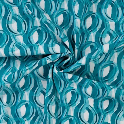 Tissu Viscose extensible Maillons stylisés sur fond Bleu lagon - Par 10 cm