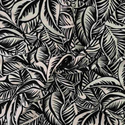 Tissu Rayonne Viscose extensible Anaya feuilles Noir sur fond Ecru - Par 10 cm