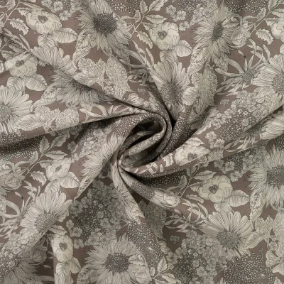 Tissu Tencel Camille Jardin sauvage sur fond Taupe - Par 10 cm