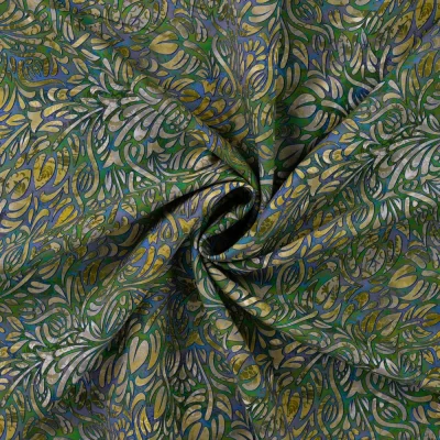 Tissu Voile de Tencel Lin Arabesques fleuries vertes sur fond Bleu - Par 10 cm