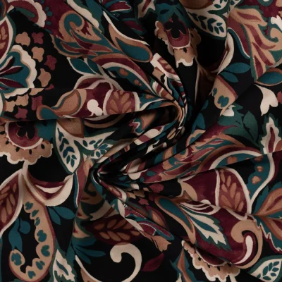 Tissu Viscose extensible floral vintage Taupe et Vert sur fond Noir - Par 10 cm