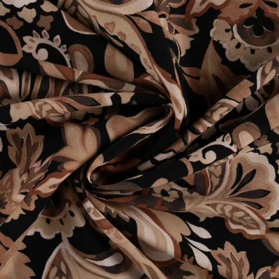 Tissu Viscose extensible floral vintage Taupe sur fond Noir - Par 10 cm