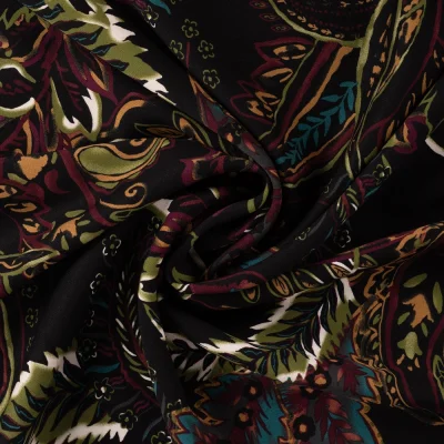 Tissu Viscose twill paisley Vert sur fond Noir - Par 10 cm