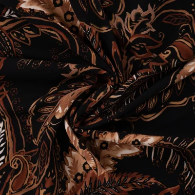 Tissu Viscose twill paisley Taupe sur fond Noir - Par 10 cm
