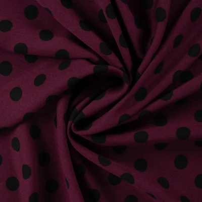 Tissu Viscose twill pois Noir sur fond Lie de vin - Par 10 cm