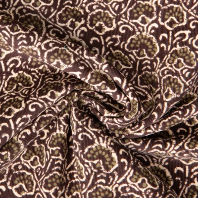 Tissu Velours milleraies digital imprimé Floral indien sur fond Marron chocolat - Par 10 cm