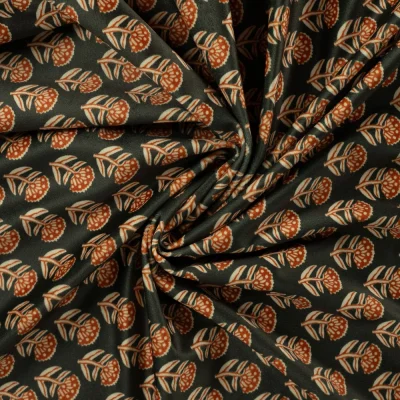 Tissu Velours ras d&#039;habillement digital petites fleurs Terracotta sur fond Vert sapin - Par 10 cm