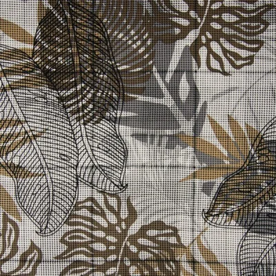 Tissu Viscose imprimé pied de poule Feuilles exotiques sur fond Blanc - Par 10 cm