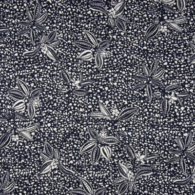 Tissu Jersey Viscose imprimé  Pois rayures et fleurs sur fond Bleu marine - Par 10 cm