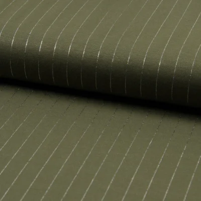 Tissu Polyviscose extensible rayures lurex Vert kaki - Par 10 cm