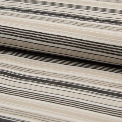 Tissu Viscose Coton et Lin rayé Noir et beige sur fond Beige - Par 10 cm