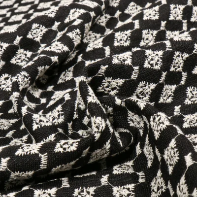 Tissu Lin Viscose ajouré Estelle sur fond Noir - Par 10 cm