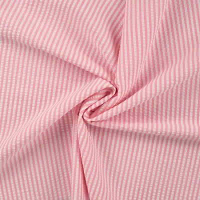 Tissu Popeline de Coton Seersucker Rayé Rose bébé - Par 10 cm