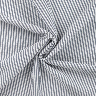 Tissu Popeline de Coton Seersucker Rayé Bleu marine - Par 10 cm