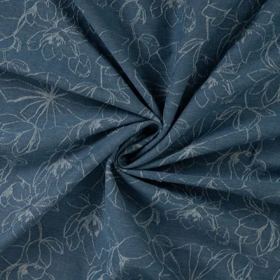 Tissu Jean Denim Fleurs sur fond Bleu denim - Par 10 cm