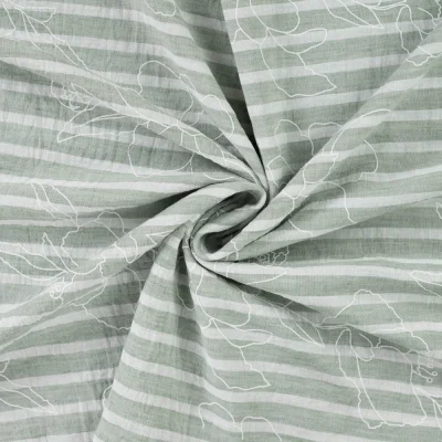 Tissu Aspect Lin rayures et fleurs sur fond Vert amande - Par 10 cm