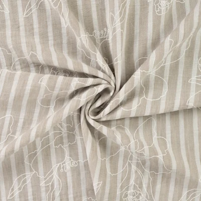 Tissu Aspect Lin rayures et fleurs sur fond Beige - Par 10 cm