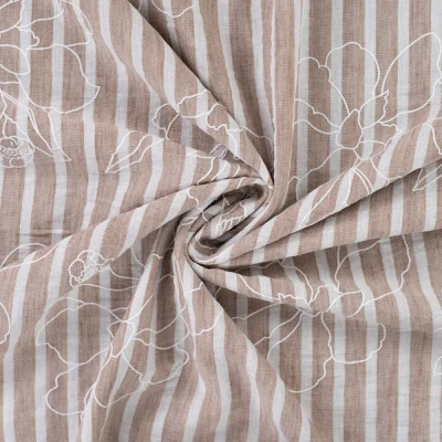 Tissu Aspect Lin rayures et fleurs sur fond Taupe - Par 10 cm