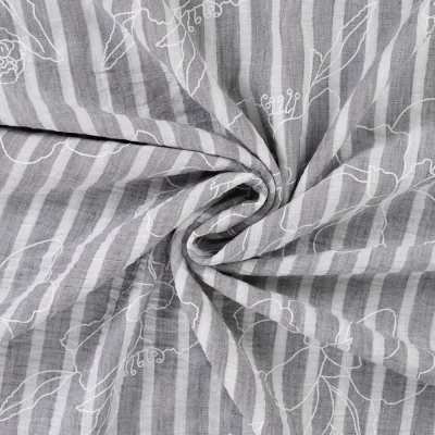 Tissu Aspect Lin rayures et fleurs sur fond Gris - Par 10 cm
