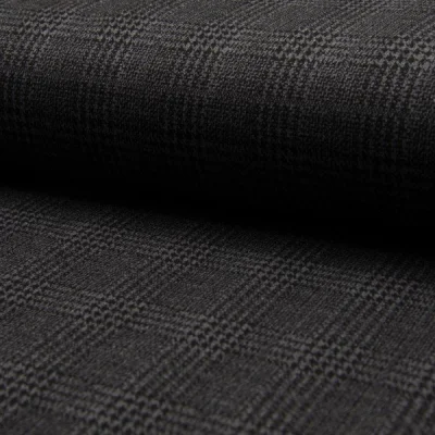 Tissu Jacquard polyviscose  extensible Écossais pied de poule Noir sur fond Gris anthracite - Par 10 cm