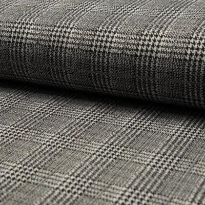 Tissu Jacquard polyviscose  extensible Écossais pied de poule Noir sur fond Blanc - Par 10 cm
