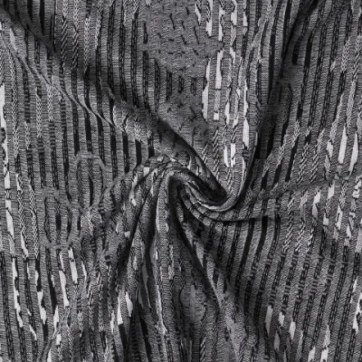 Tissu Jersey Jacquard rayé imprimé fleurs sur fond Gris anthracite chiné - Par 10 cm