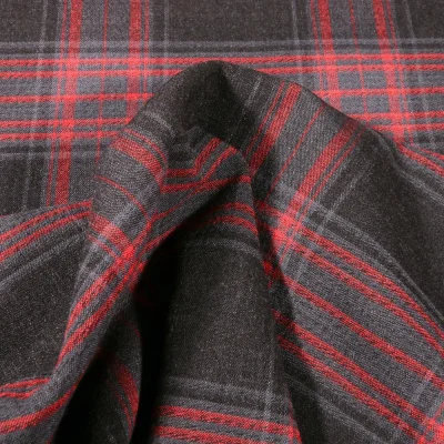 Coupon Tissu Viscose texturé Carreaux rouges sur fond Gris foncé - Coupon de 10 cm