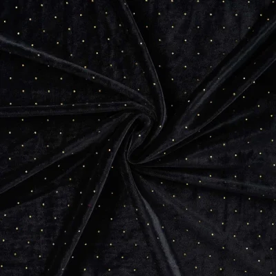 Tissu Jersey Velours Lunaria strass Dorés sur fond Noir - Par 10 cm