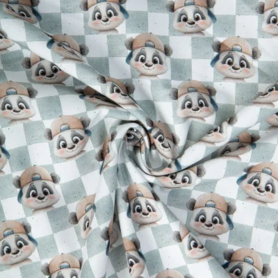 Tissu Popeline de Coton digital imprimé Panda casquette damier Gris sur fond Blanc - Par 10 cm