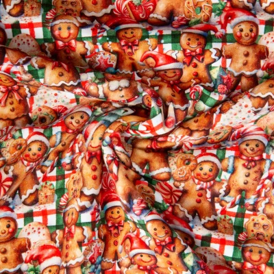 Tissu Sweat léger French Terry digital Happy biscuits de Noël sur fond Blanc - Par 10 cm