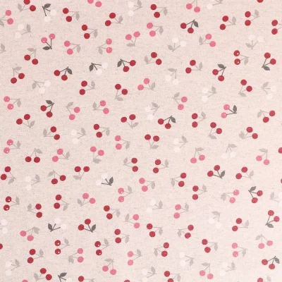 Tissu Enduit Anti Tâches Cerises Rouge et rose sur fond Beige - Par 10 cm