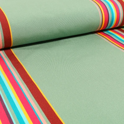 Tissu Toile Transat Rayures vitaminés sur fond Vert menthe - Par 10 cm