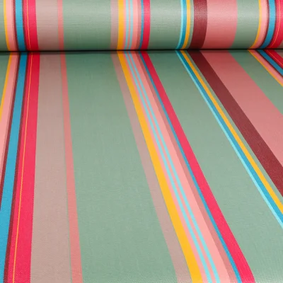 Tissu Toile enduite extérieure Dralon enduit St Tropez sur fond Vert amande - Par 10 cm
