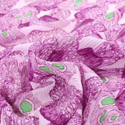 Tissu Mousseline plissé Papillons violets sur fond Blanc - Par 10 cm