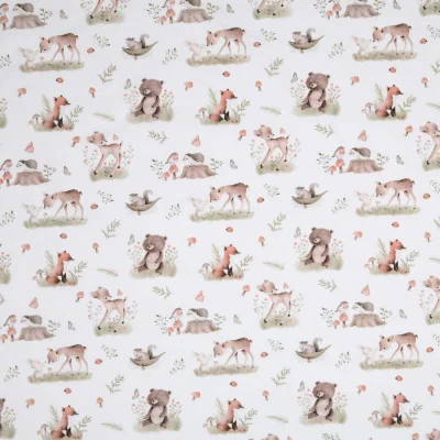 Tissu Popeline de Coton  Éléa forêt enchantée sur fond Blanc - Par 10 cm