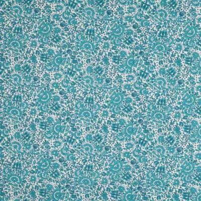Tissu Coton imprimé fleuri bleu Bloss sur fond Blanc cassé - Par 10 cm