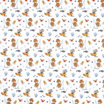 Tissu Popeline de Coton  Léo le pêcheur sur fond Blanc - Par 10 cm