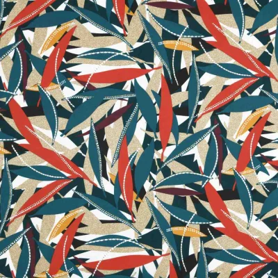 Tissu Toile Cretonne  feuilles bleues pétrole Tamoa sur fond Beige sable - Par 10 cm