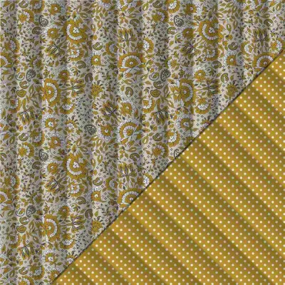 Tissu Matelassé réversible Léna fleurs vintage et pois Moutarde - Par 10 cm