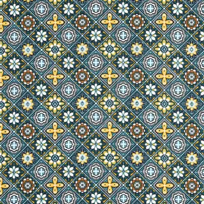 Tissu Toile Cretonne enduit  Marrakech sur fond Bleu canard - Par 10 cm