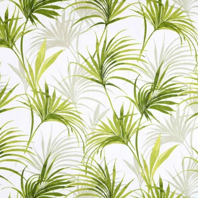 Tissu Toile Cretonne enduit  Palma Verde feuilles exotiques sur fond Blanc - Par 10 cm