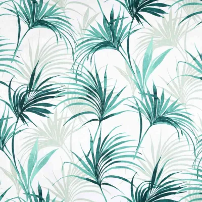 Tissus Toile de Coton natté feuillage vert Palma sur fond Blanc pur - Par 10 cm