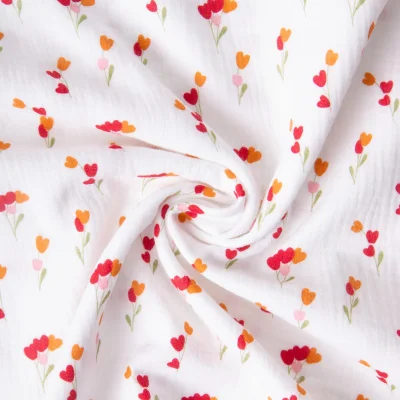 Tissu Double gaze de Coton Hope bouquets tulipes sur fond Blanc - Par 10 cm