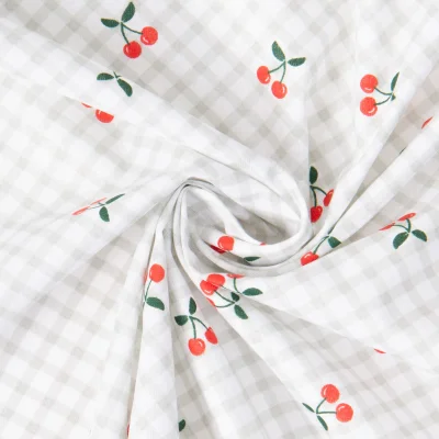 Tissu Coton imprimé Carreaux et cerises sur fond Blanc - Par 10 cm