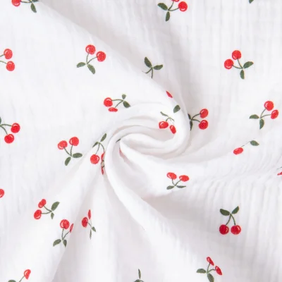 Tissu Double gaze de Coton Ruby petites cerises sur fond Blanc - Par 10 cm