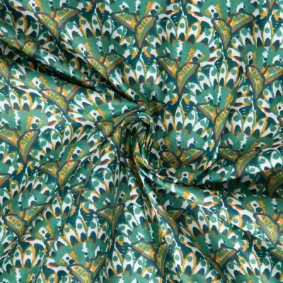 Tissu Coton imprimé Batllo correze éventails Vert émeraude sur fond Bleu pétrole - Par 10 cm